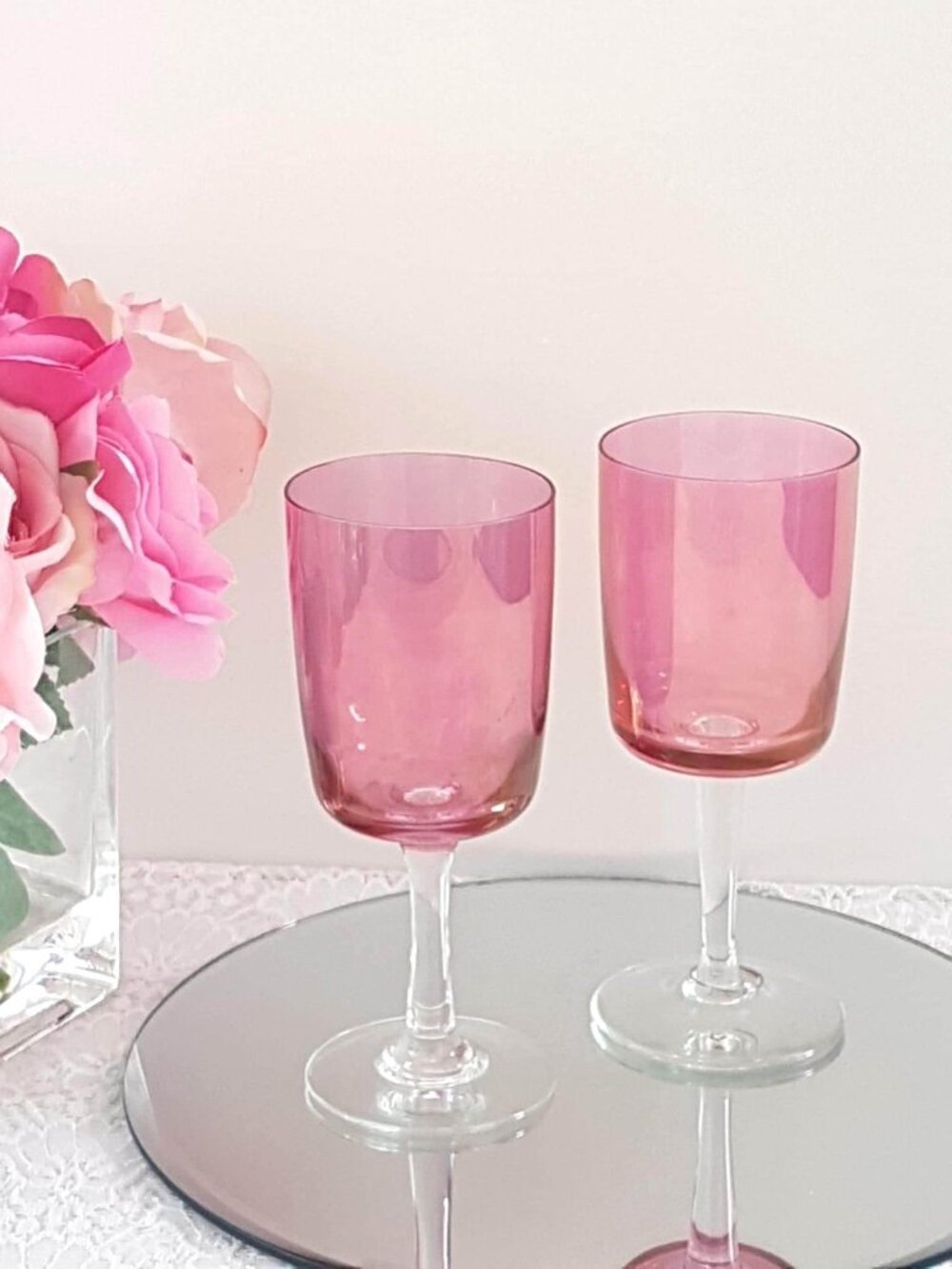 Vintage Bohemian Pink Wine Glasses Art Deco Set of 2